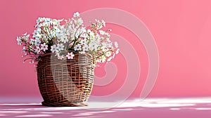 White flowers in the wooden vas for decoration on the Pink background with copy space AI generated