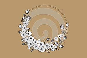 White flowers wreath hand drawn design for thank you card, greeting card ,wedding or invitation card.
