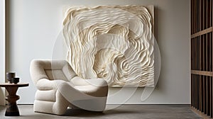 White Flowing Waves And Grey Chair: Interactive Relief Sculpture Artwork