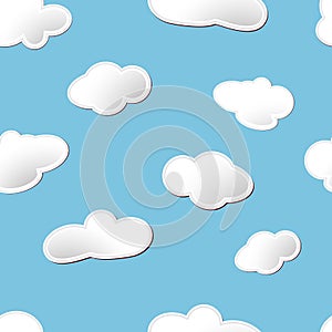 White fluffy cartoon clouds seamless pattern on light blue sky background. Vector EPS 10 illustration for kids fabric or backdrop