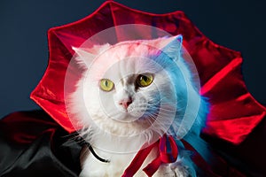 White fluffy cat in Count Dracula vampire costume mantle on black studio background. Halloween concept, party, cosplay