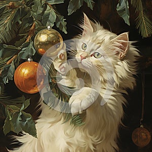 White Fluffy Cat with green eyes batting at Christmas Tree Ornaments