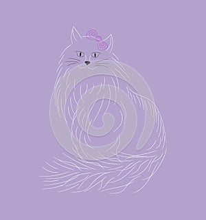 White fluffy cat with pink bow. Hand drawn sketchy vector illustration