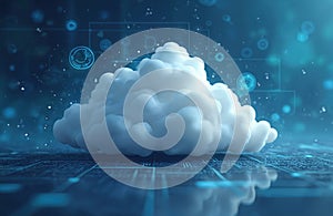 White fluffy cloud on blue background with tech circuit board. Cloud computing concept with abstract white cloud on digital