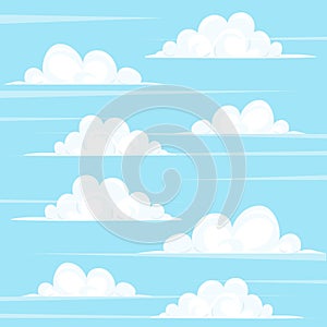 White fluffy clouds in the blue sky. Cartoon illustration of a cloud cluster. Vector background