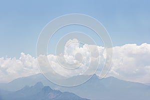 White fluffy clouds, blue sky and mountains