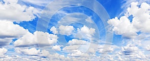 White fluffy clouds clear blue sky background panorama, cumulus cloud texture, cloudy azure skies backdrop, beautiful cloudscape