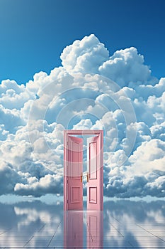 white fluffy clouds passing, flying out, open door, on blue background