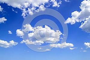 White fluffy cumulus clouds high in the blue summer sky. Cloud types and atmospheric phenomena. On a sunny day