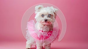 Small White Dog in Pink Tutu on Pink Background