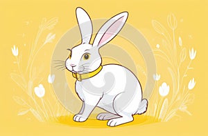 White fluffy Easter bunny sitting among flowers. Spring Easter illustration on pastel yellow background