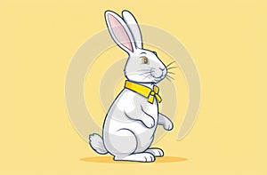 White fluffy Easter bunny sitting on pastel yellow background