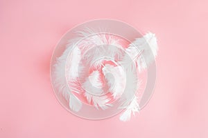 White fluffy feathers lying on a delicate pink background. Small fluffy white feathers are located in the center