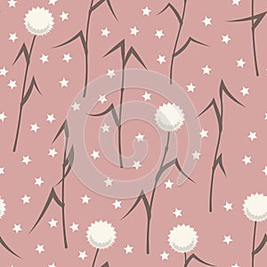 White fluffy flowers, cane stalks. Floral vector seamless pattern