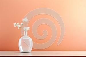 White fluffy flowers in glass vase against orange background