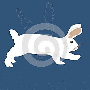 A white fluffy rabbit with long ears is running. Side view of a bunny with a carrot. Illustration vector isolated