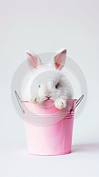 A white fluffy rabbit looks out of a pink bucket. Copy space. Greeting card concept. Generative AI