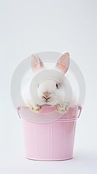 A white fluffy rabbit looks out of a pink bucket. Copy space. Greeting card concept. Generative AI