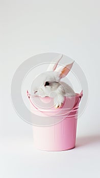 A white fluffy rabbit looks out of a pink bucket. Copy space. Greeting card concept. Generative AI