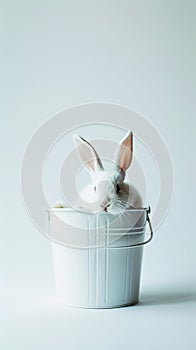 A white fluffy rabbit looks out of a white bucket. Copy space. Greeting card concept. Generative AI