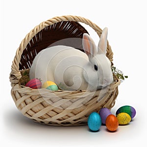 A white fluffy rabbit sits in a white basket with Easter eggs on a white background, Generative AI.