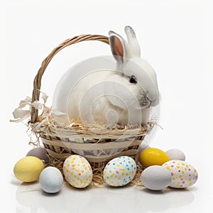 A white fluffy rabbit sits in a white basket with Easter eggs on a white background, Generative AI.