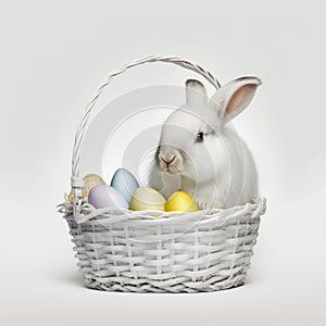 A white fluffy rabbit sits in a white basket with Easter eggs on a white background, Generative AI.