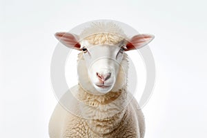 White fluffy sheep farm portrait looking at camera isolated on clear png background, funny moment, Farmland animals concept, with