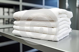 a white fluffy towel on a sanitarily cleaned rack