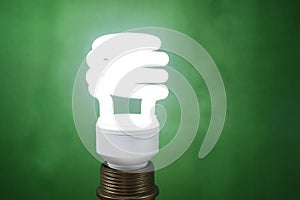 White fluorescent light bulb on green background