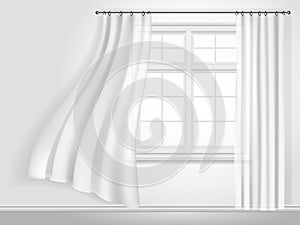 White fluttering curtains and window