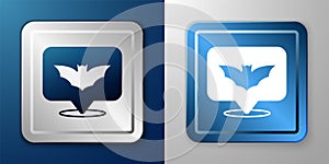 White Flying bat icon isolated on blue and grey background. Happy Halloween party. Silver and blue square button. Vector