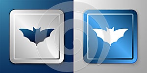 White Flying bat icon isolated on blue and grey background. Happy Halloween party. Silver and blue square button. Vector