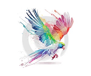 White flying parrot with watercolor rainbow wings. Vector illustration