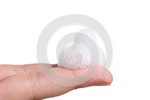 White foam bubbles texture with child finger and hand isolated