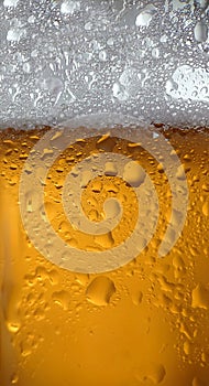 White foam and condensation on a glass of cold beer