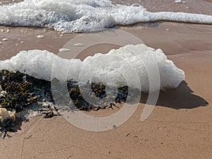 White foam on the sea shore, texture, abstract water reflections