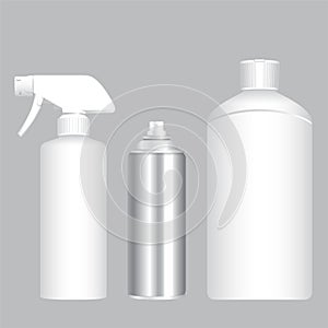 White foggy spray, aerosol container and bottle
