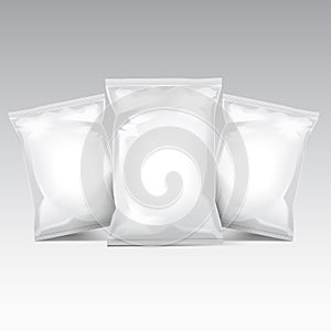 White foil bag packaging for food, snack, coffee, cocoa, sweets, crackers, nuts, chips. Vector plastic pack template set