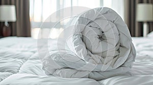 A white folded duvet lying on a white bed background, Ai Generated