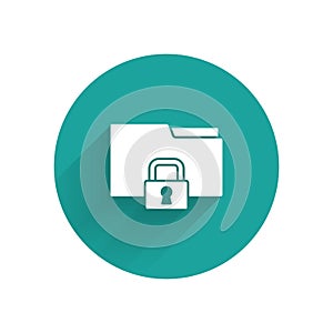 White Folder and lock icon isolated with long shadow. Closed folder and padlock. Security, safety, protection concept