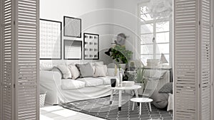 White folding door opening on black and white scandinavian living room, sofa, carpet, coffee tables, big panoramic window,