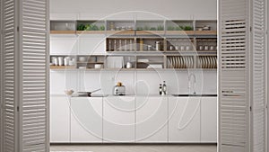 White folding door opening on modern luxury contemporary minimalistic white and wooden kitchen, interior design, architect designe