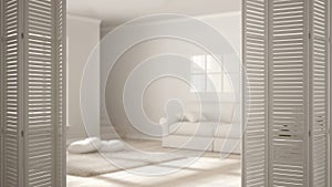 White folding door opening on modern scandinavian living room with sofa, white interior design, architect designer concept, blur b