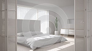 White folding door opening on modern scandinavian minimalist bedroom, white interior design, architect designer concept, blur back