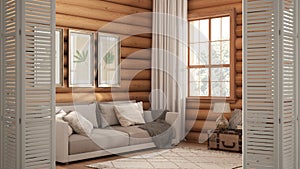 White folding door opening on wooden log cabin living room with sofa, rustic interior design, architect designer concept