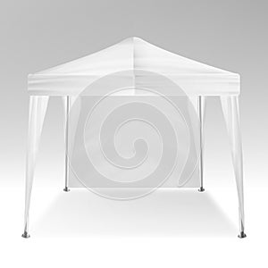 White Folding Tent Mockup Vector. Promotional Outdoor Event Trade Show Pop-Up Tent Mobile Marquee, Template. Product Advertising.