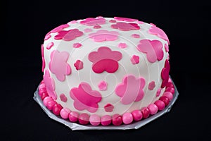 White Fondant Cake with Pink Flowers