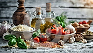 white food background Italian ingredients wood mediterranean stressed