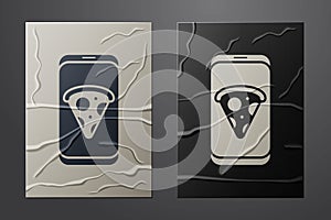 White Food ordering pizza icon isolated on crumpled paper background. Order by mobile phone. Restaurant food delivery